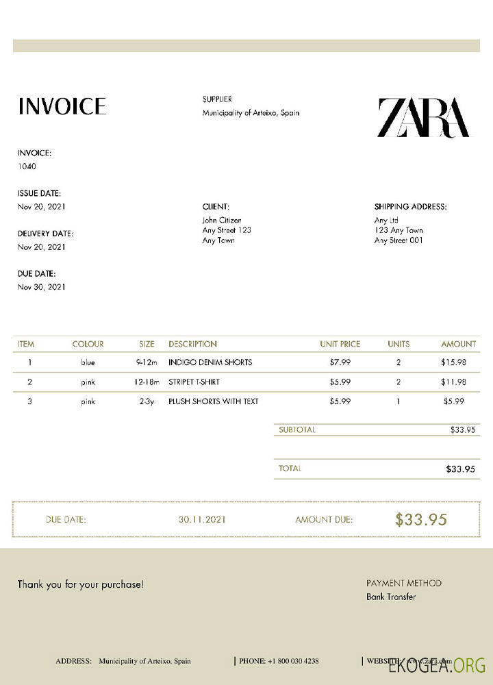 Modèle de facture ZARA aux États , Unis